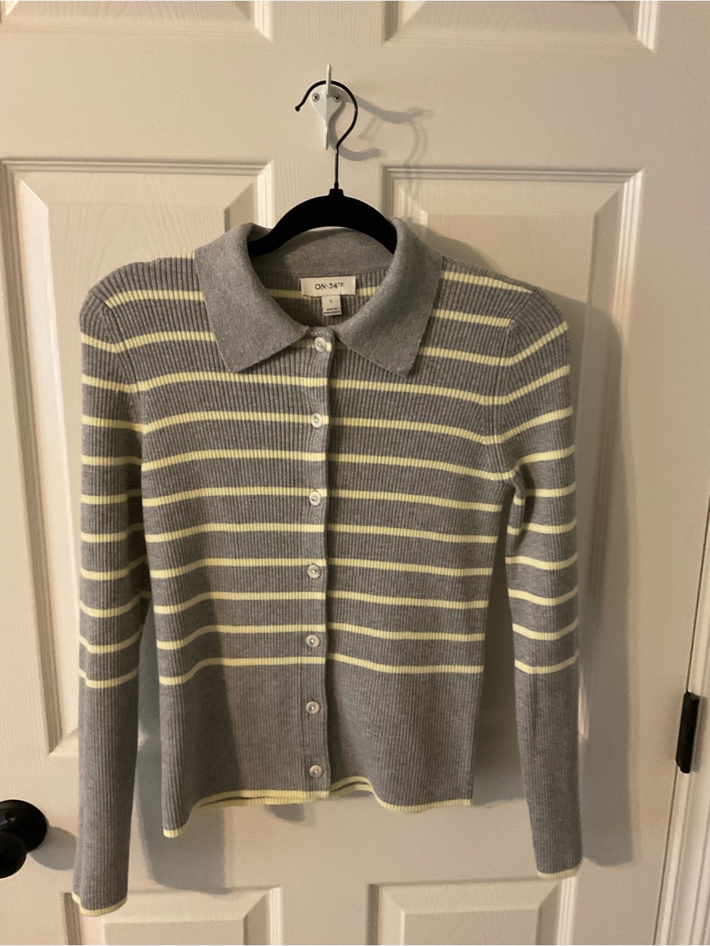 Women's Gray and Pale Yellow Striped Button-Up Sweater